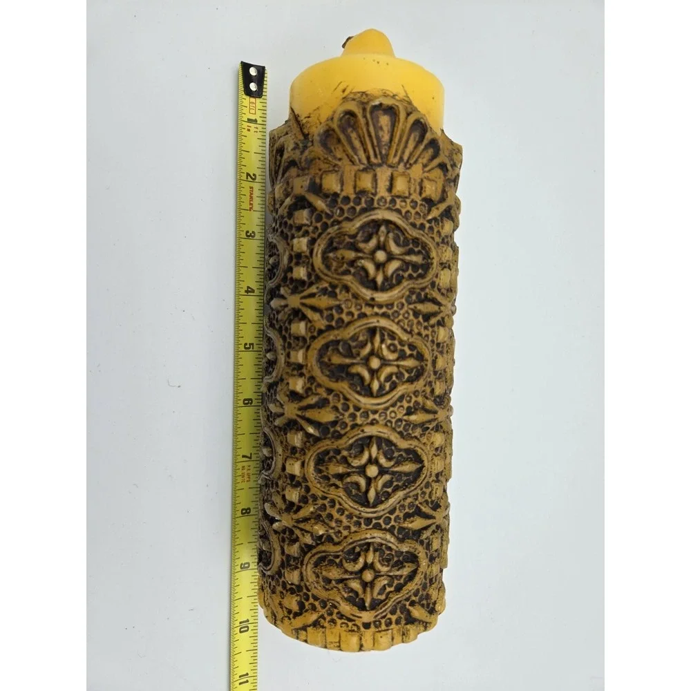 VTG 70s Pillar Candle Unscented Yellow Carved MCM Boho Hippie Retro Castle 9.75